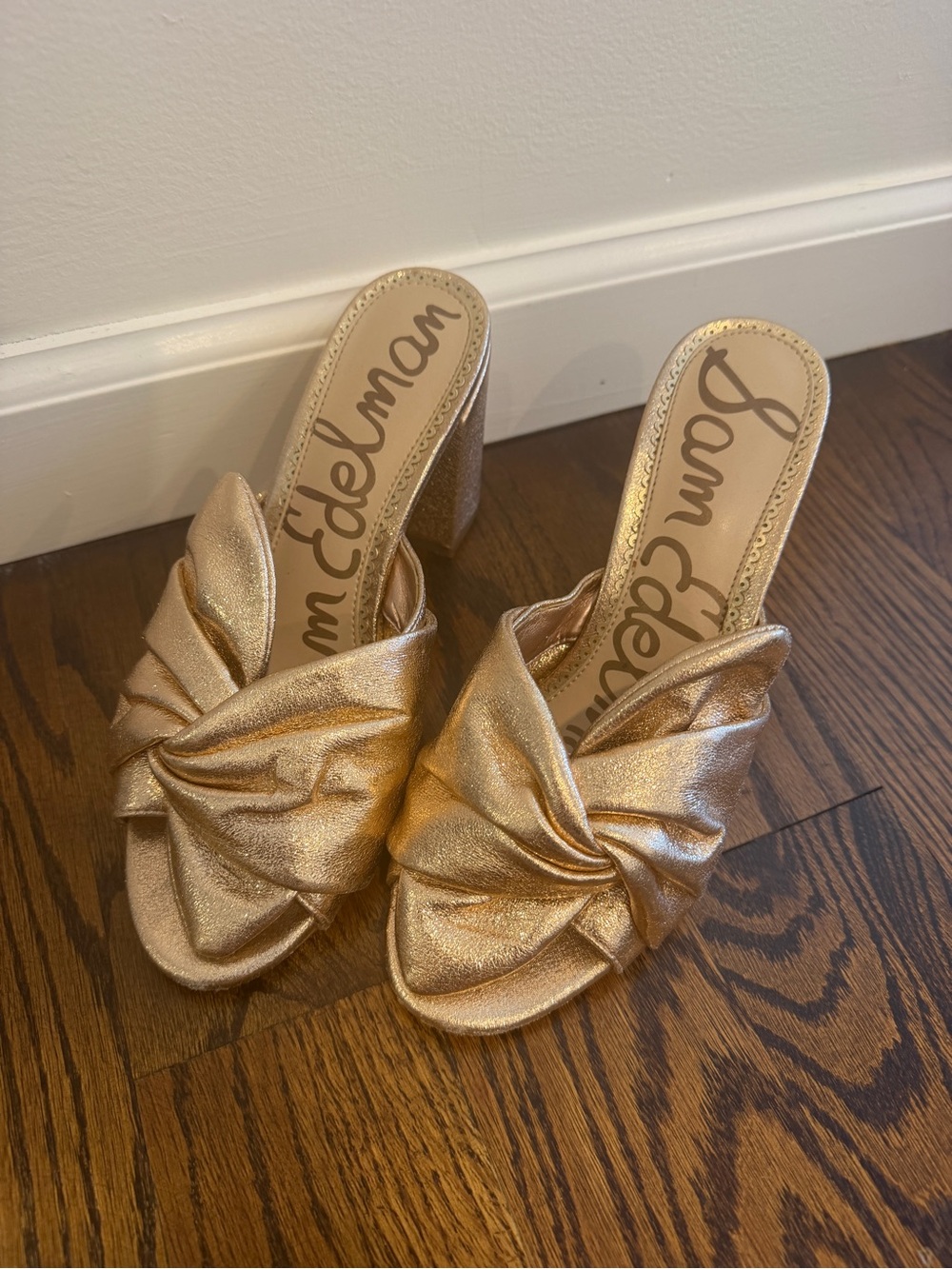 Sam Edelman Metallic Gold Knot Block Heel Mules